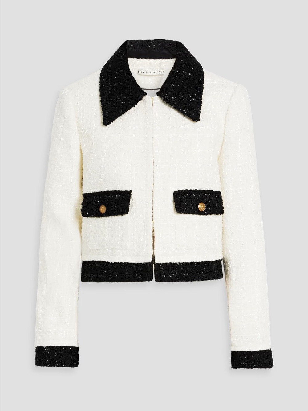 Alice + Olivia Cream Tweed Cropped Jacket with Black Trim